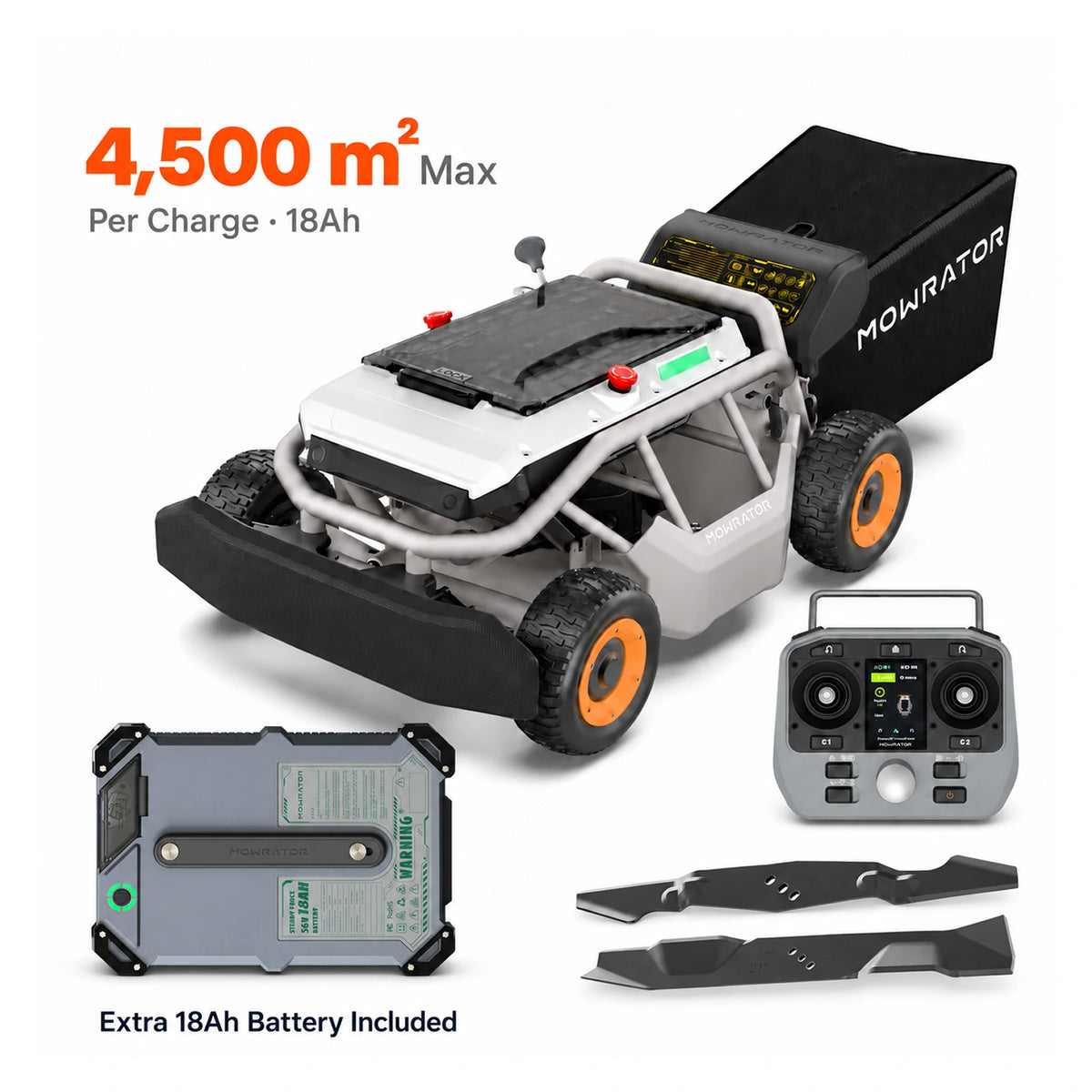 mowrator s1 4wd remote control lawn mower with extra 56v 18ah battery and mulching blade, 37° slope