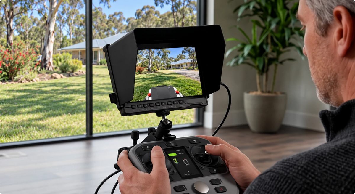 Close-up of the Mowrator FPV monitor and remote controller displaying a live lawn mower camera view