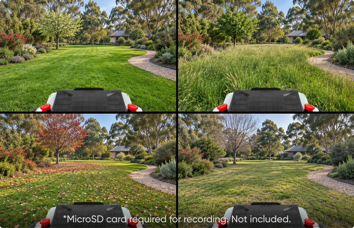 Mowrator lawn mower first-person views of the same Australian garden through spring grass, summer growth, autumn leaves and winter lawn