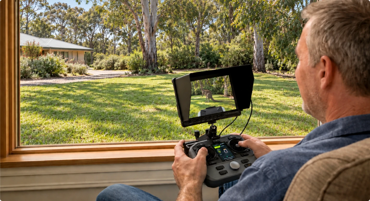 Mowrator FPV monitor showing a kangaroo in a distant part of an Australian property while the operator stays indoors