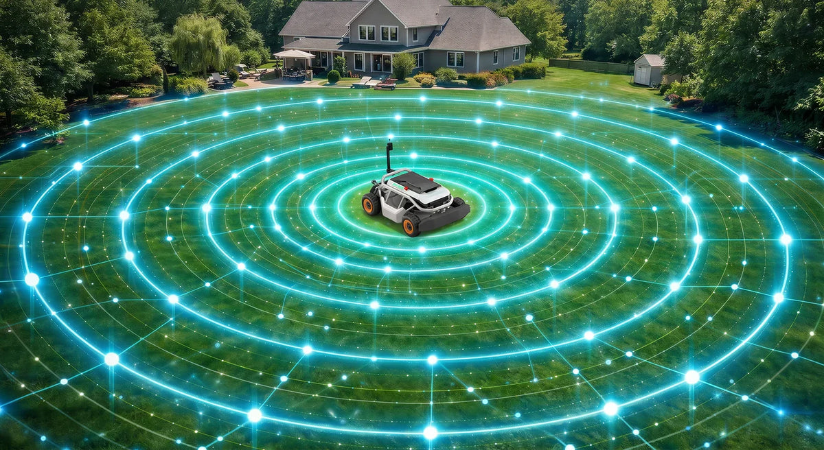 Homeowner using a Mowrator remote control lawn mower with live FPV from a patio on an Australian acreage property