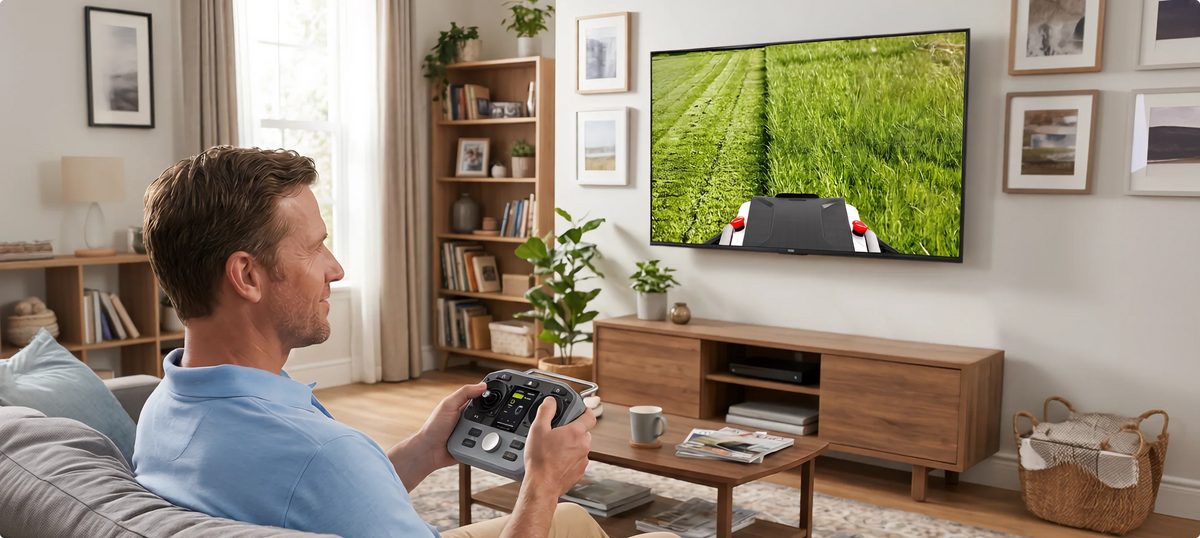 Man controlling a Mowrator lawn mower indoors while viewing the live FPV feed on a television connected via HDMI