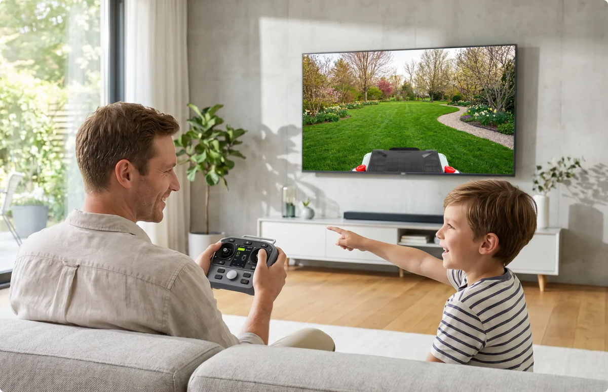 Father operating a Mowrator remote control lawn mower while his child watches the first-person view on a television